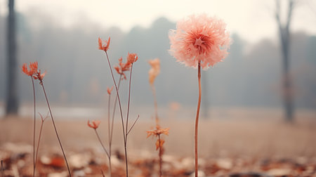 a single pink flower is standing in the middle of a fieldの素材