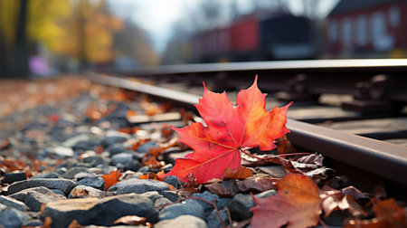 a red maple leaf laying on the ground next to railroad tracksの素材
