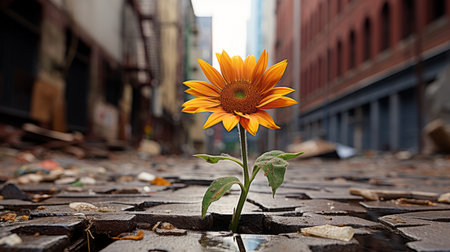 a lone sunflower growing out of a crack in the pavementの素材