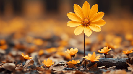 a single yellow flower is standing out in the middle of a fieldの素材