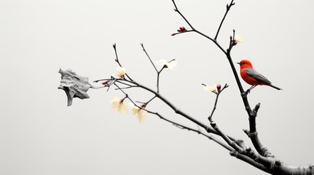 a red bird sits on a branch of a treeの素材