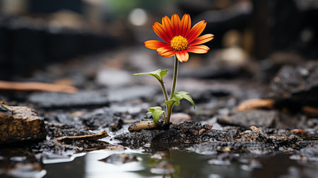 a single orange flower is growing out of the ground in a puddleの素材
