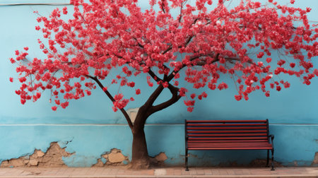 a red tree and a bench in front of a blue wallの素材