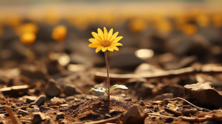 a single yellow flower sprouting from the ground in the middle of a fieldの素材