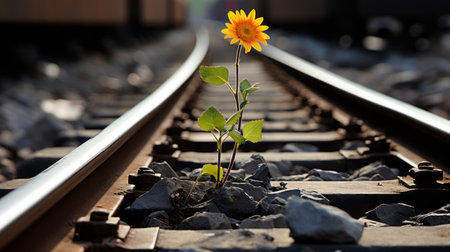 a single sunflower is growing out of the ground on a train trackの素材