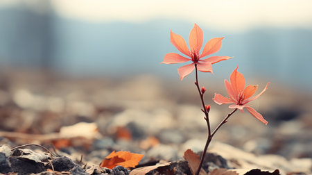 a single red flower growing out of the ground in the middle of a fieldの素材