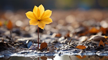 a single yellow flower stands out in the mudの素材