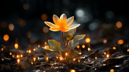 a single yellow lotus flower in the middle of a dark fieldの素材