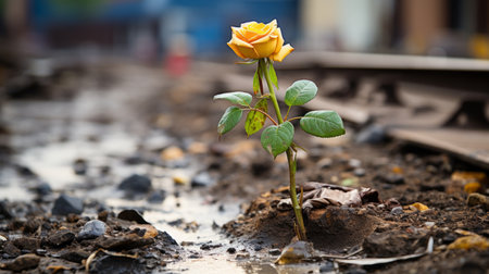 a single yellow rose is growing out of the mudの素材