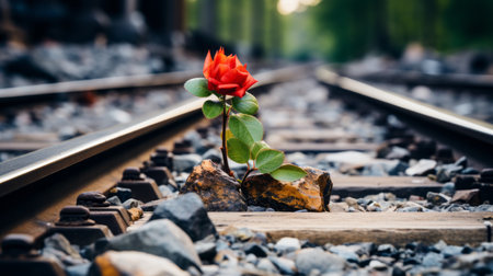 a single red rose growing on the side of a railroad trackの素材