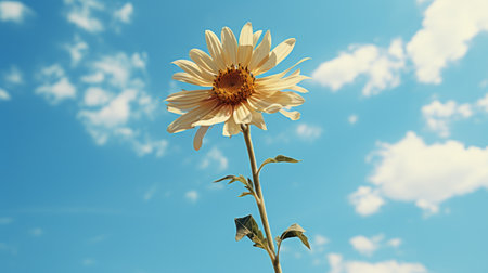 a single sunflower on a stem in front of a blue skyの素材