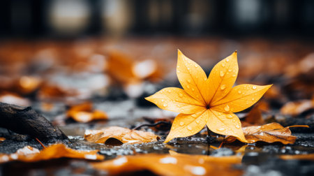 a single yellow leaf sits on the ground in the rainの素材