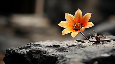 a single orange flower sits on top of a rockの素材