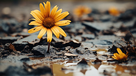 a single yellow flower stands out in the mudの素材