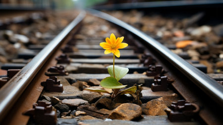 a single yellow flower is growing on the side of a train trackの素材