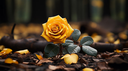 a single yellow rose in the middle of a forestの素材