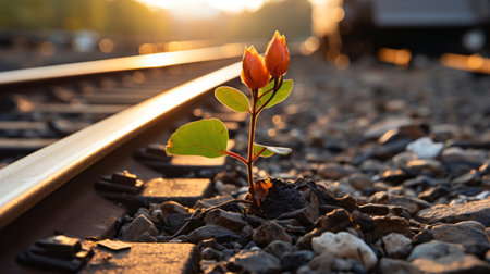 a small plant is growing on the side of a train trackの素材