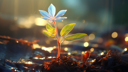 a small plant growing out of the ground in the sunlightの素材