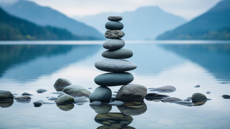 a stack of stones is sitting on top of a lakeの素材