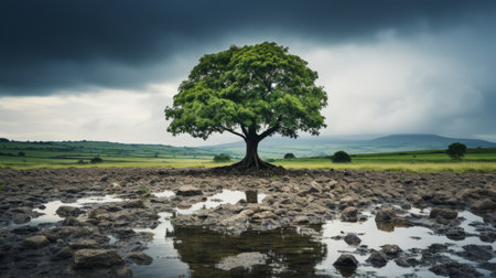 a tree is standing in the middle of a muddy fieldの素材