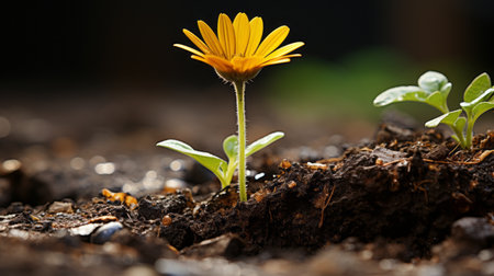 a small yellow flower is growing out of the groundの素材