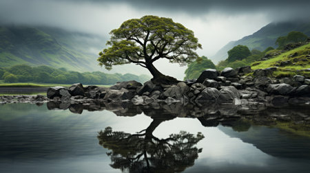 a tree is reflected in the waterの素材