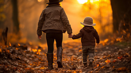 a woman and child walking through a forest at sunsetの素材
