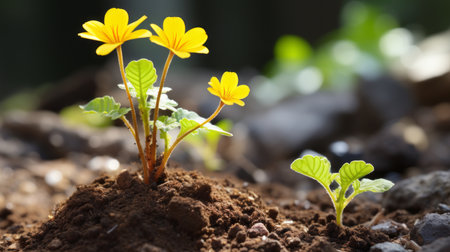 a small yellow flower sprouting from the groundの素材