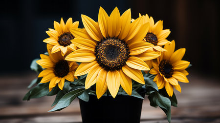 a vase of sunflowers sitting on a wooden tableの素材