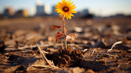 a sunflower growing out of the ground in the middle of a barren fieldの素材