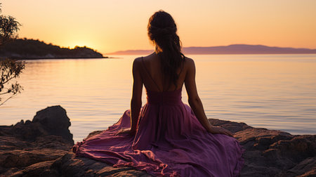 a woman in a purple dress sitting on a rock at sunsetの素材