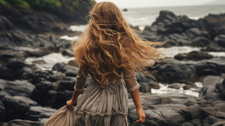 a woman in a long dress walking on the rocks near the oceanの素材
