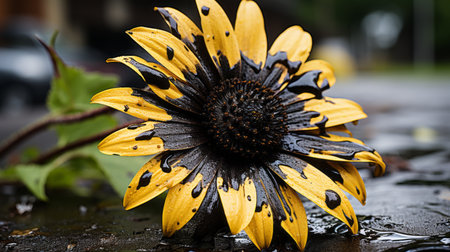 a sunflower with black and yellow petals on the groundの素材