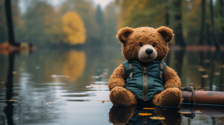 a teddy bear sitting on a log in the waterの素材