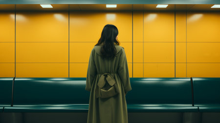 a woman in a long dress stands alone in an empty subway stationの素材