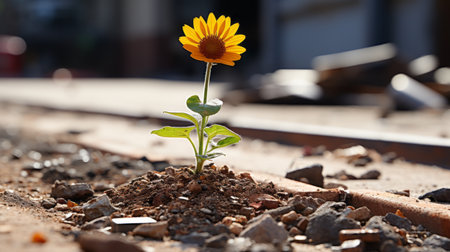 a sunflower growing out of the ground on a railroad trackの素材