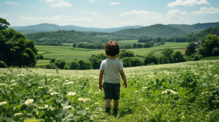 a young boy standing in the middle of a fieldの素材