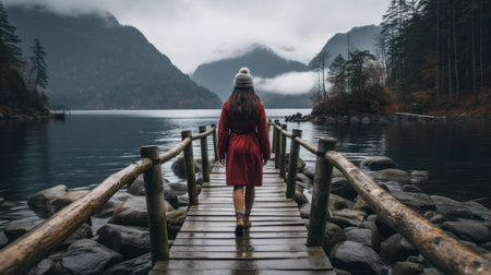 a woman in a red dress walks on a wooden bridge over a body of waterの素材