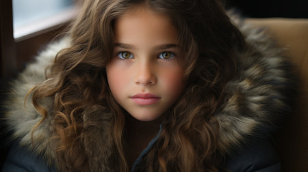 a young girl wearing a coat and looking into the cameraの素材