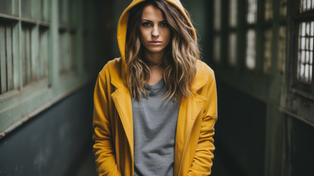 a woman in a yellow jacket standing in an alleywayの素材