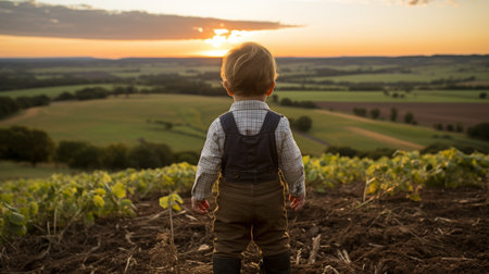 a young boy standing in the middle of a field at sunsetの素材