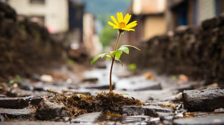 a yellow flower growing out of the ground on a cobblestone streetの素材