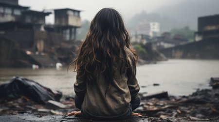 a woman sitting on the ground in front of a riverの素材