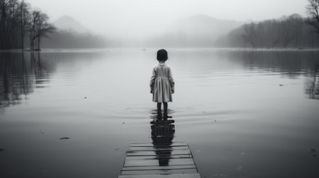 a woman standing on a dock in the middle of a lakeの素材