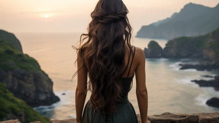 a woman with long hair standing on a cliff overlooking the oceanの素材