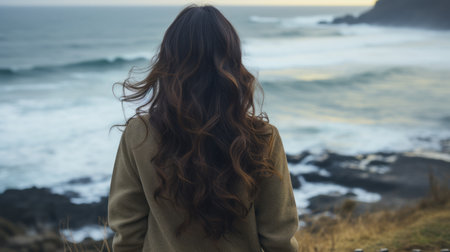 a woman with long hair looking out at the oceanの素材