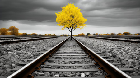 a yellow tree stands alone on a train trackの素材