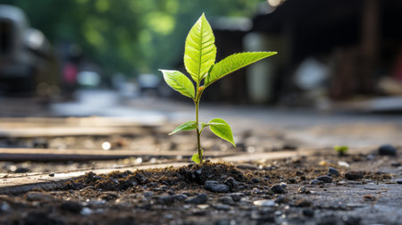 a young plant sprouting from the ground in the middle of a dirt roadの素材