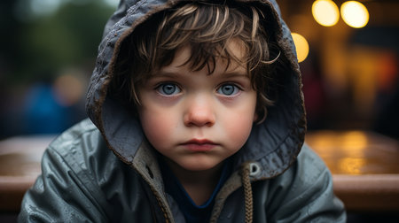 a young boy in a hoodie looking at the cameraの素材