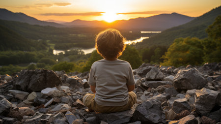 a young boy sitting on a rock overlooking a river and mountains at sunsetの素材